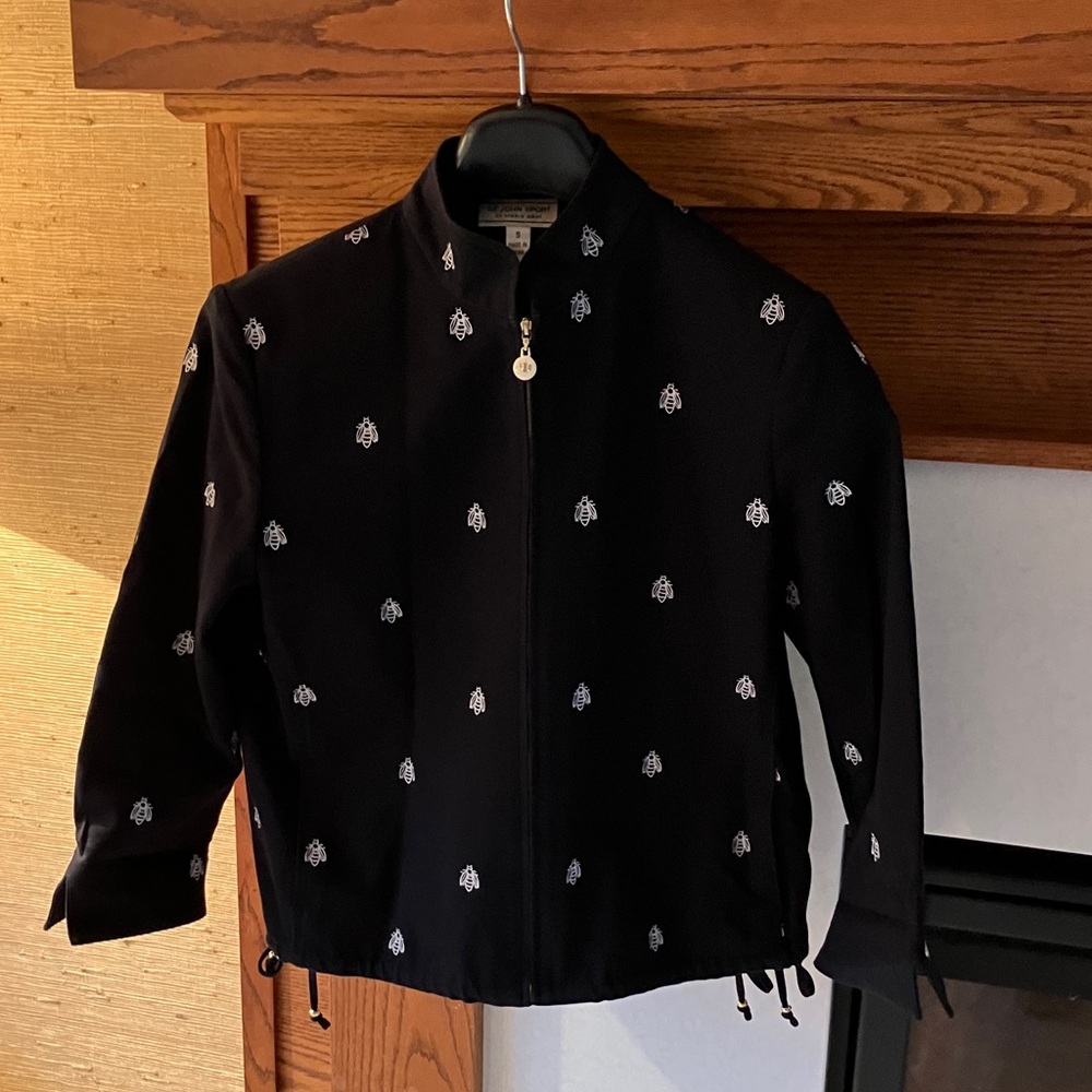 St. John Collection Black Jacket with White Bumble Bee Embroidery